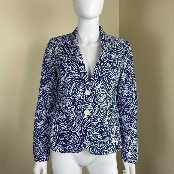 Talbots Womens Size 2 Blue Pasiley Cotton Double Breasted Blazer Jacket Nautical - Picture 13 of 15